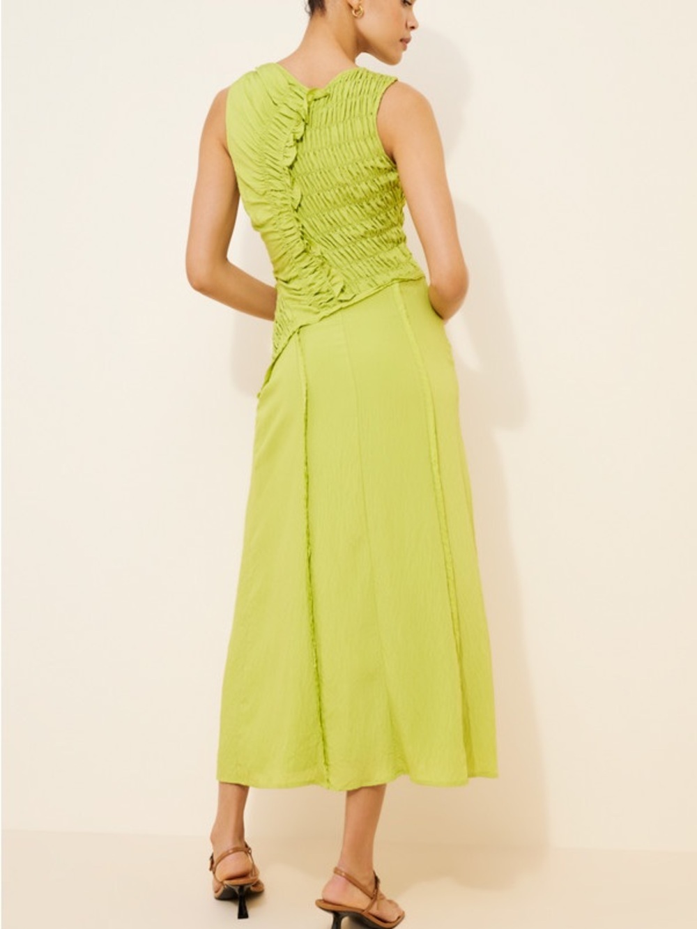 Anthropologie Lime Green Asymmetrical Smocked Bodice Midi Dress 38544 - Picture 3 of 12